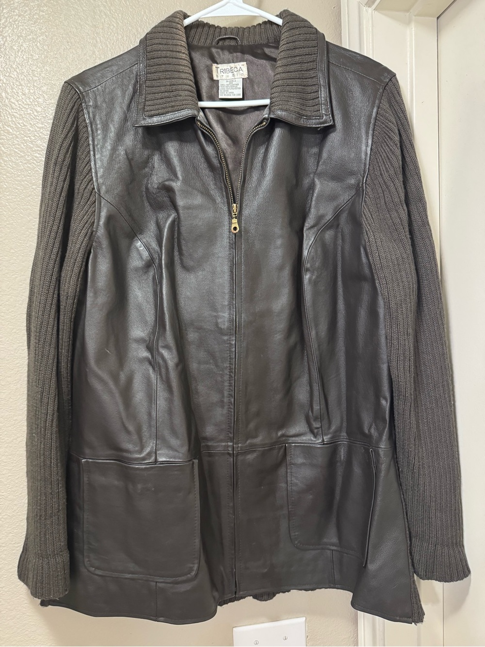 Vintage Tribeca Women's Dark Brown Leather Jacket with Knit Sleeves